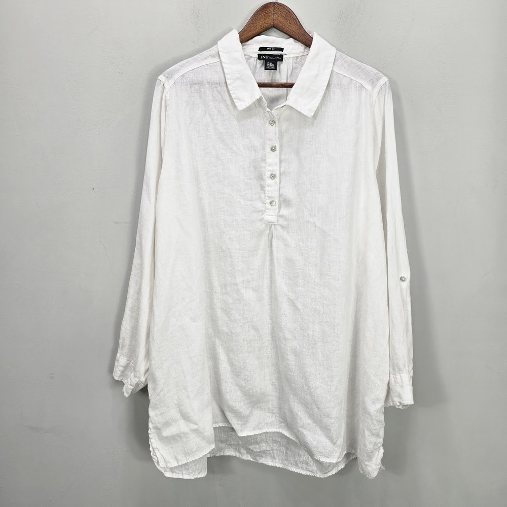 Jones New York JNY Tunic Top‎ 2X White 100% Linen Popover Roll Tab Resortwear